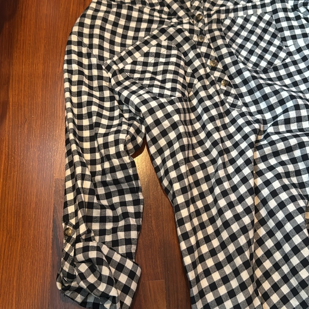 Eddie Bauer Womens Flannel Popover Top Sz Small Black White Checkered Cotton - Picture 4 of 6